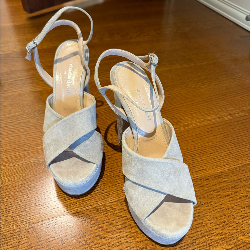 Charles David Size 8 Platform Sandal With Chunky Heel. Suede Light Gray